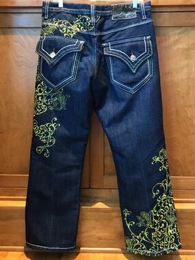 Y2K STATEMENT HEAVY EMBROIDERED RAINBOW BAGGY SKATER CYBER GRUNGE BLUE JEANS